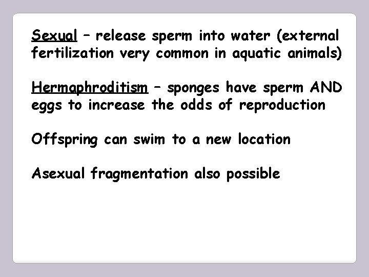 Sexual – release sperm into water (external fertilization very common in aquatic animals) Hermaphroditism