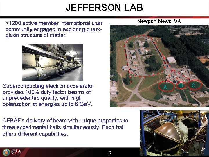 JEFFERSON LAB Newport News, VA >1200 active member international user community engaged in exploring