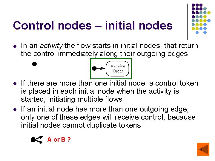 Control nodes – initial nodes l In an activity the flow starts in initial