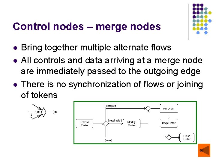Control nodes – merge nodes l l l Bring together multiple alternate flows All