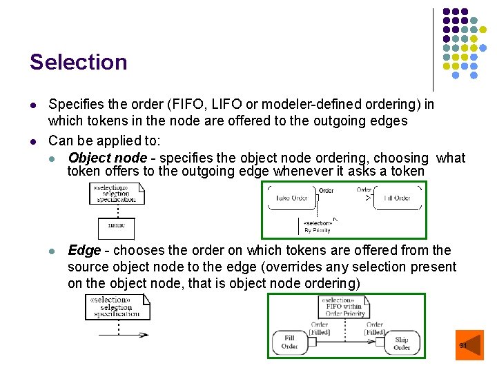 Selection l l Specifies the order (FIFO, LIFO or modeler-defined ordering) in which tokens