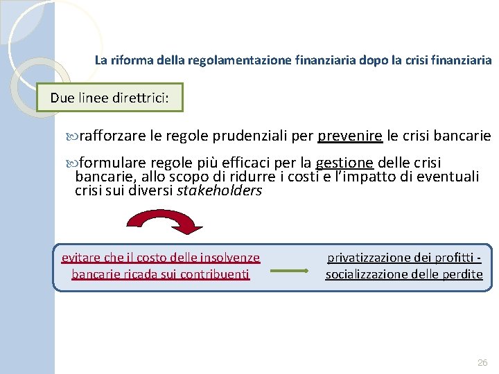 La riforma della regolamentazione finanziaria dopo la crisi finanziaria Due linee direttrici: rafforzare le