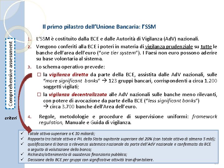 Comprrehensive assessment Il primo pilastro dell’Unione Bancaria: l’SSM criteri L’SSM è costituito dalla BCE