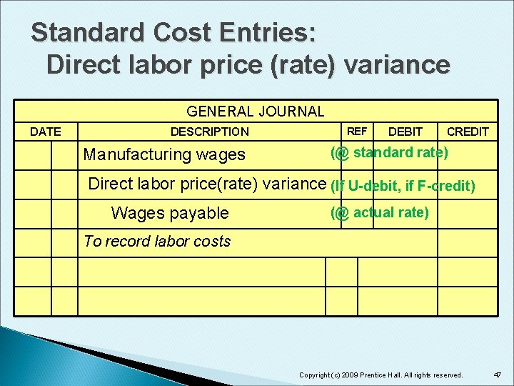 Standard Cost Entries: Direct labor price (rate) variance GENERAL JOURNAL DATE DESCRIPTION Manufacturing wages