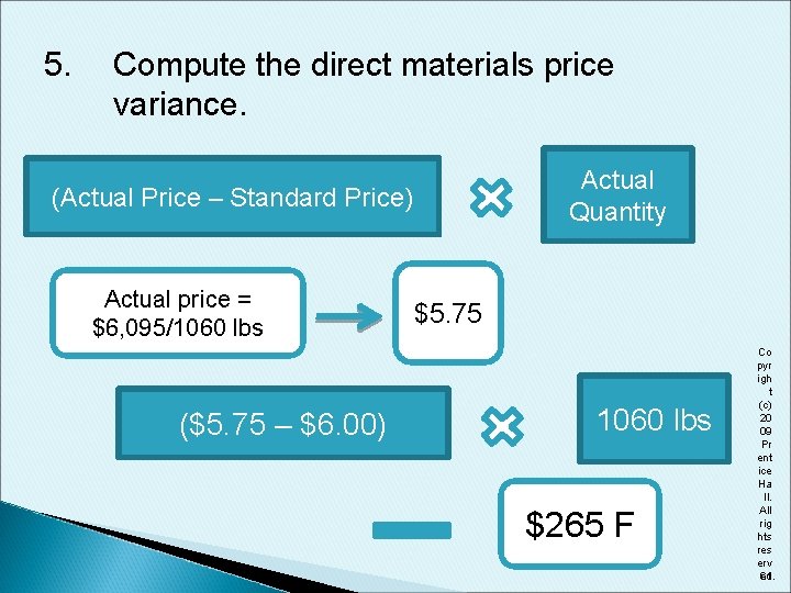 5. Compute the direct materials price variance. Actual Quantity (Actual Price – Standard Price)