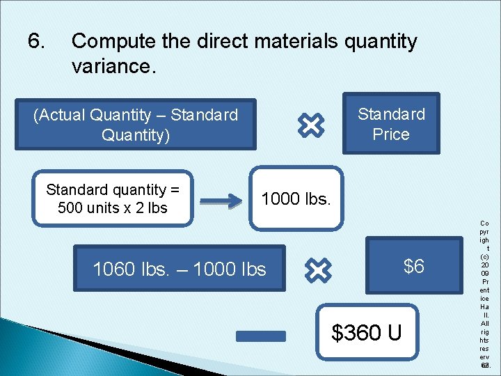 6. Compute the direct materials quantity variance. Standard Price (Actual Quantity – Standard Quantity)