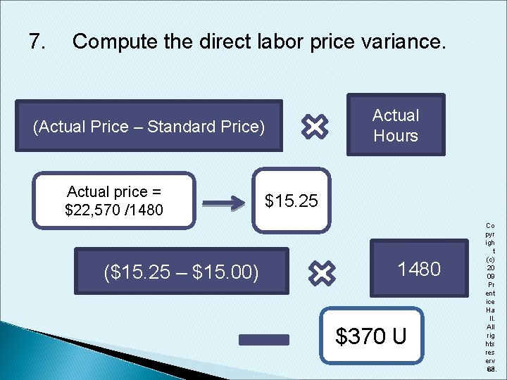 7. Compute the direct labor price variance. (Actual Price – Standard Price) Actual price