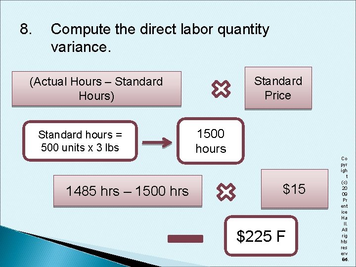8. Compute the direct labor quantity variance. Standard Price (Actual Hours – Standard Hours)