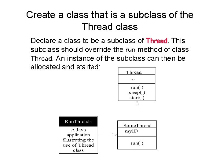 Create a class that is a subclass of the Thread class Declare a class Create a class that is a subclass of the Thread class Declare a class