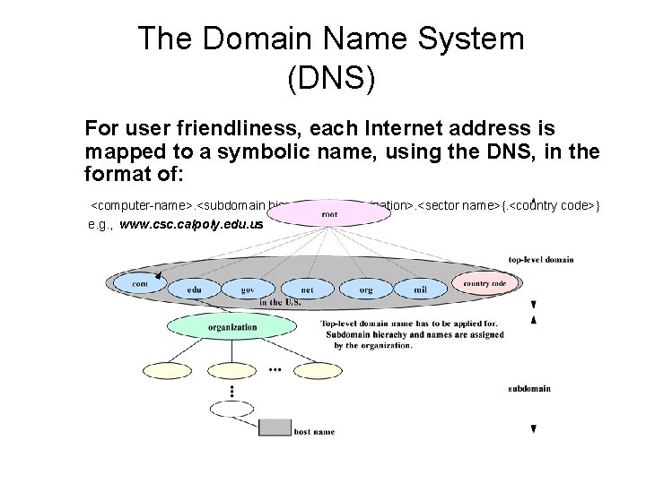 The Domain Name System (DNS) For user friendliness, each Internet address is mapped to The Domain Name System (DNS) For user friendliness, each Internet address is mapped to