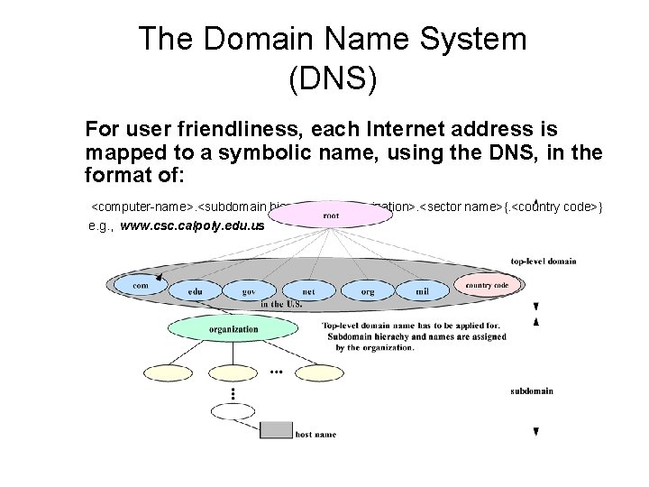 The Domain Name System (DNS) For user friendliness, each Internet address is mapped to