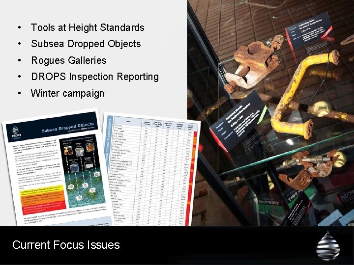  • Tools at Height Standards • Subsea Dropped Objects • Rogues Galleries •