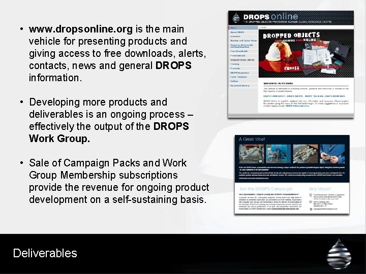  • www. dropsonline. org is the main vehicle for presenting products and giving