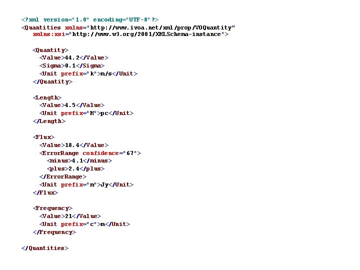 <? xml version="1. 0" encoding="UTF-8"? > <Quantities xmlns="http: //www. ivoa. net/xml/prop/VOQuantity” xmlns: xsi="http: //www.