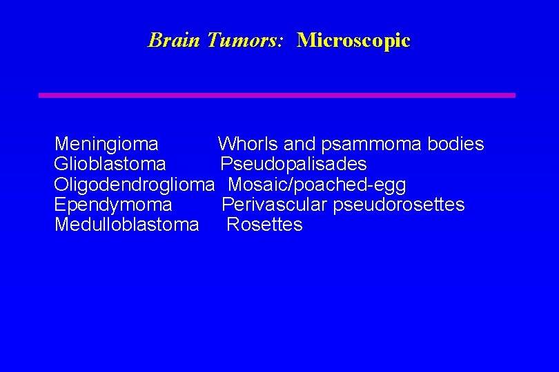 Brain Tumors: Microscopic Meningioma Whorls and psammoma bodies Glioblastoma Pseudopalisades Oligodendroglioma Mosaic/poached-egg Ependymoma Perivascular