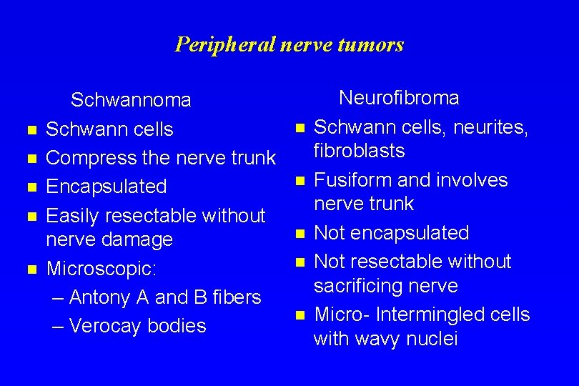 Peripheral nerve tumors n n n Schwannoma Schwann cells Compress the nerve trunk Encapsulated