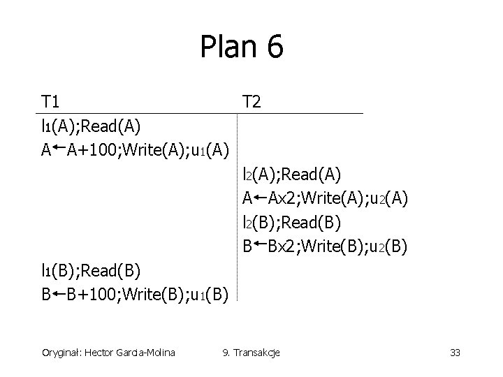 Plan 6 T 1 T 2 l 1(A); Read(A) A A+100; Write(A); u 1(A)