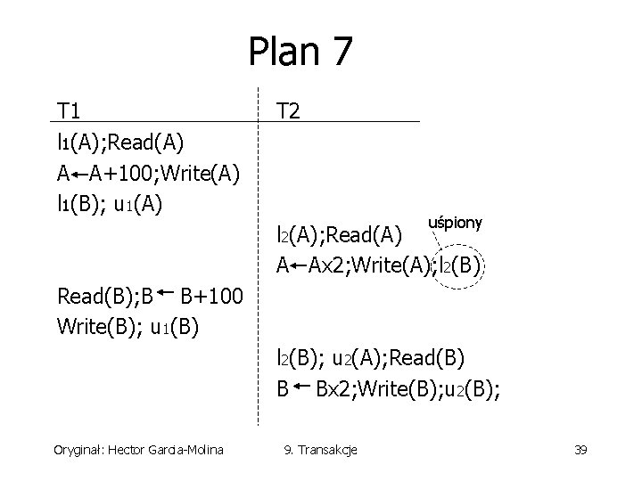 Plan 7 T 1 l 1(A); Read(A) A A+100; Write(A) l 1(B); u 1(A)