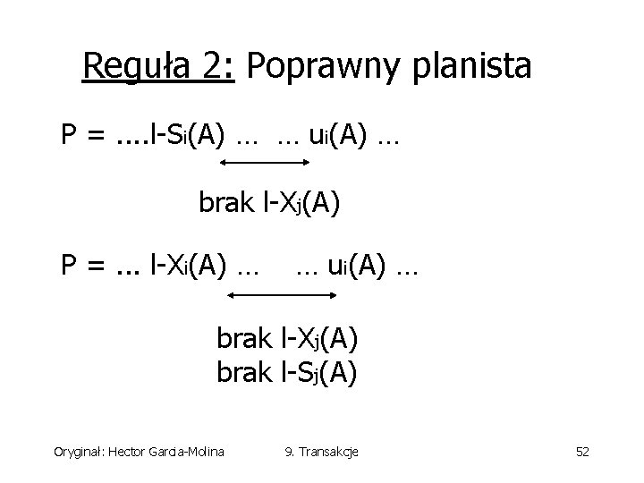 Reguła 2: Poprawny planista P =. . l-Si(A) … … ui(A) … brak l-Xj(A)