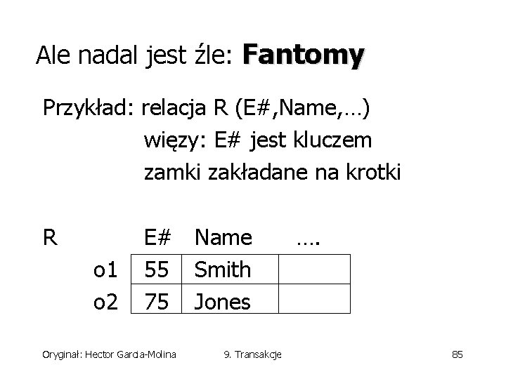 Ale nadal jest źle: Fantomy Przykład: relacja R (E#, Name, …) więzy: E# jest