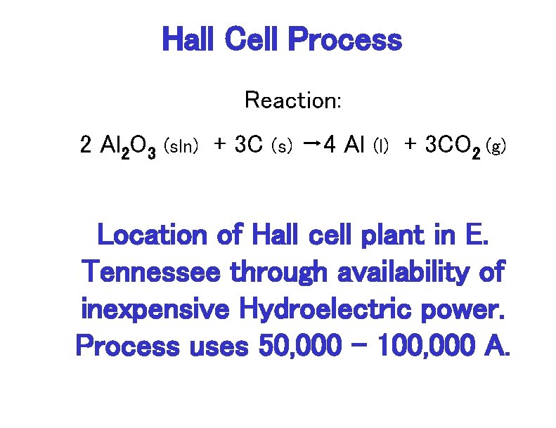Hall Cell Process Reaction: 2 Al 2 O 3 (sln) + 3 C (s)