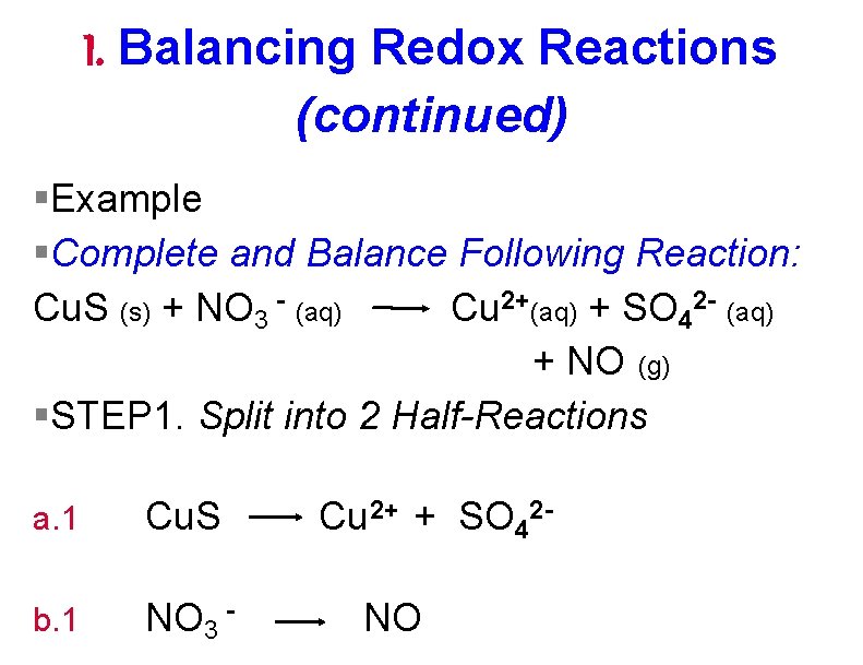 I. Balancing Redox Reactions (continued) §Example §Complete and Balance Following Reaction: Cu. S (s) I. Balancing Redox Reactions (continued) §Example §Complete and Balance Following Reaction: Cu. S (s)