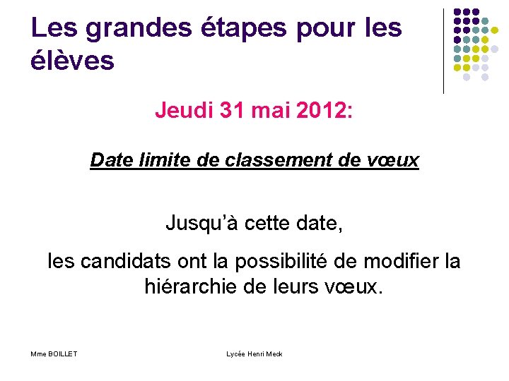 Les grandes étapes pour les élèves Jeudi 31 mai 2012: Date limite de classement