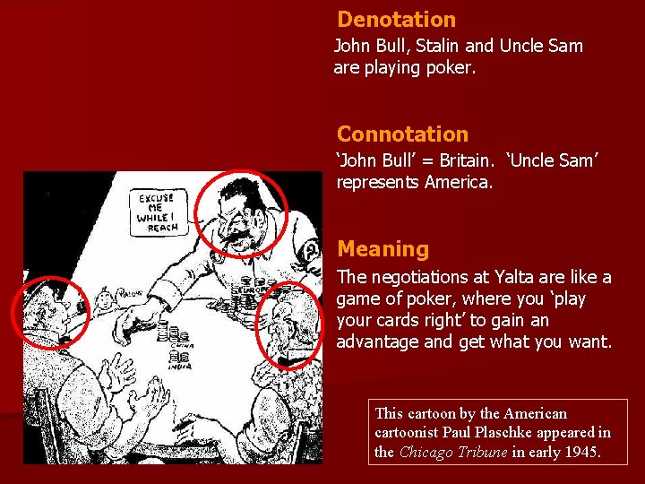 Denotation John Bull, Stalin and Uncle Sam are playing poker. Connotation ‘John Bull’ =