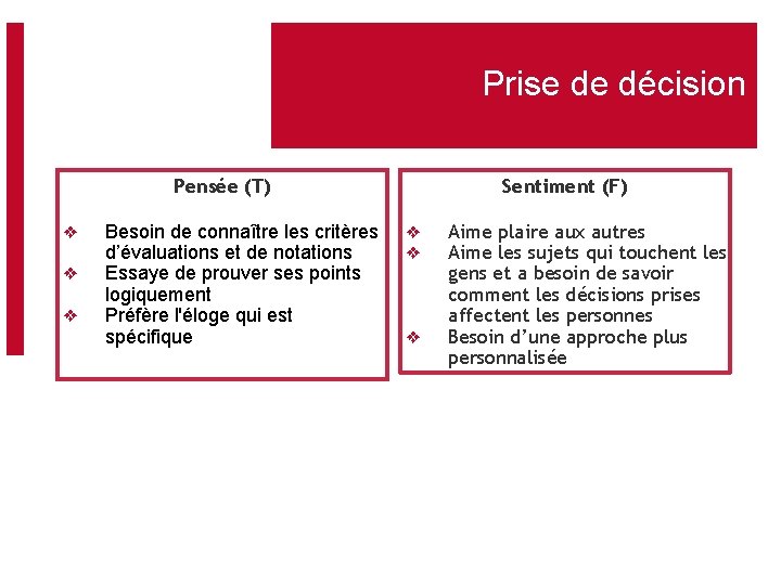 Prise de décision Pensée (T) ❖ ❖ ❖ Besoin de connaître les critères d’évaluations