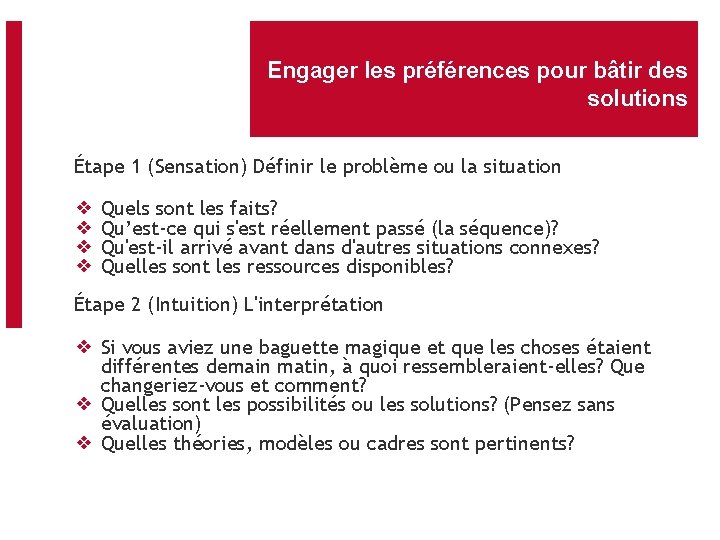 Engager les préférences pour bâtir des solutions Étape 1 (Sensation) Définir le problème ou