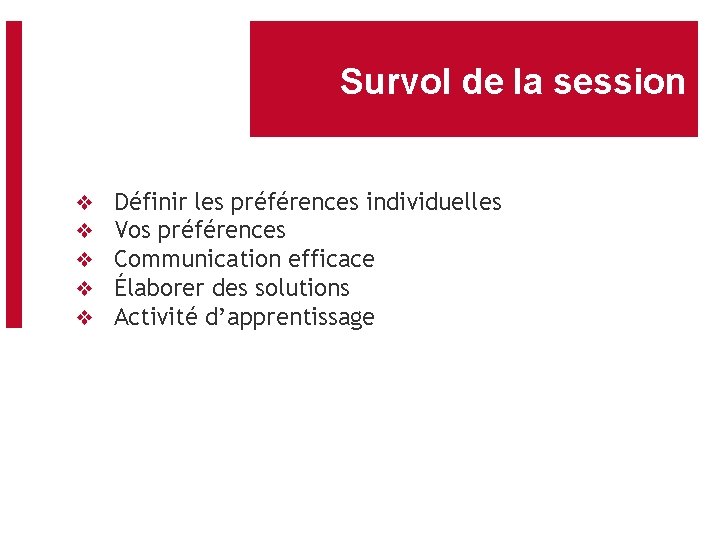 Survol de la session ❖ ❖ ❖ Définir les préférences individuelles Vos préférences Communication