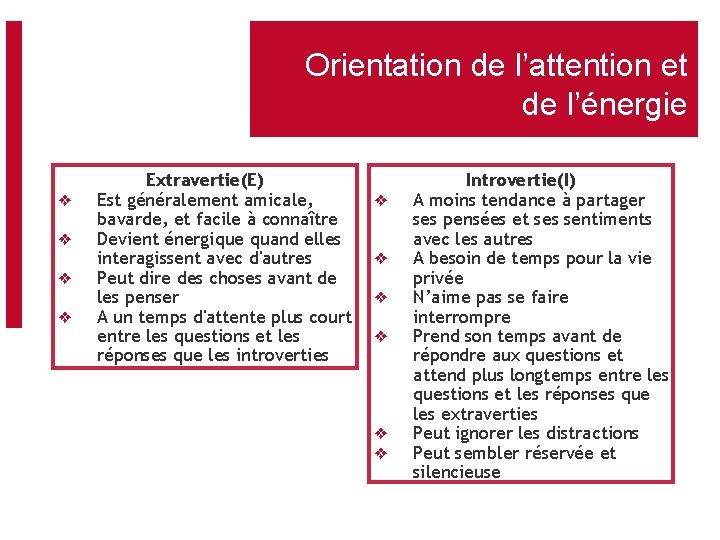 Orientation de l’attention et de l’énergie ❖ ❖ Extravertie(E) Est généralement amicale, bavarde, et