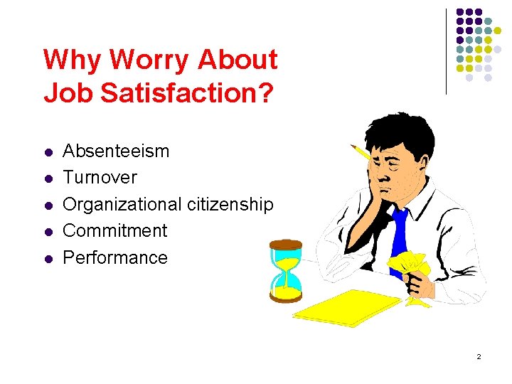 Why Worry About Job Satisfaction? l l l Absenteeism Turnover Organizational citizenship Commitment Performance
