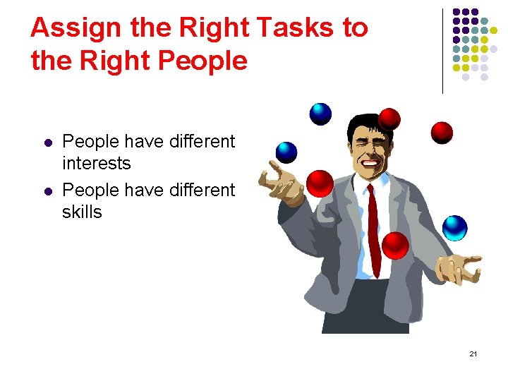 Assign the Right Tasks to the Right People l l People have different interests