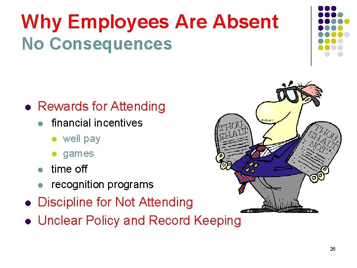 Why Employees Are Absent No Consequences l Rewards for Attending l l l financial