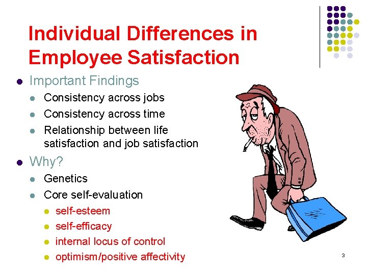Individual Differences in Employee Satisfaction l Important Findings l l Consistency across jobs Consistency