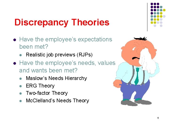 Discrepancy Theories l Have the employee’s expectations been met? l l Realistic job previews