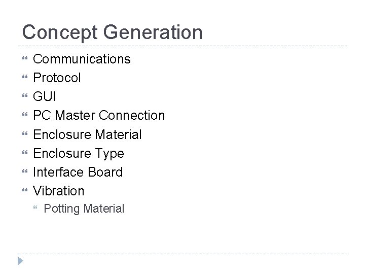 Concept Generation Communications Protocol GUI PC Master Connection Enclosure Material Enclosure Type Interface Board