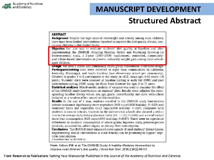 MANUSCRIPT DEVELOPMENT Structured Abstract From: Cohen JFW et al. The CHANGE Study: A healthy-lifestyles