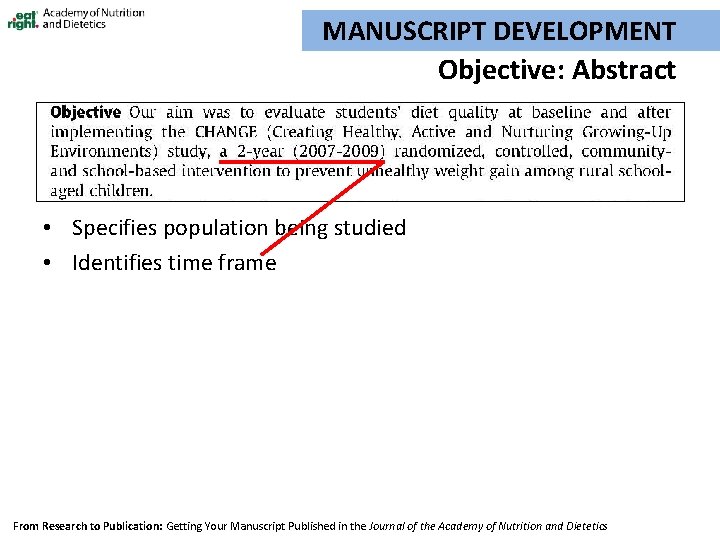 MANUSCRIPT DEVELOPMENT Objective: Abstract • Specifies population being studied • Identifies time frame From