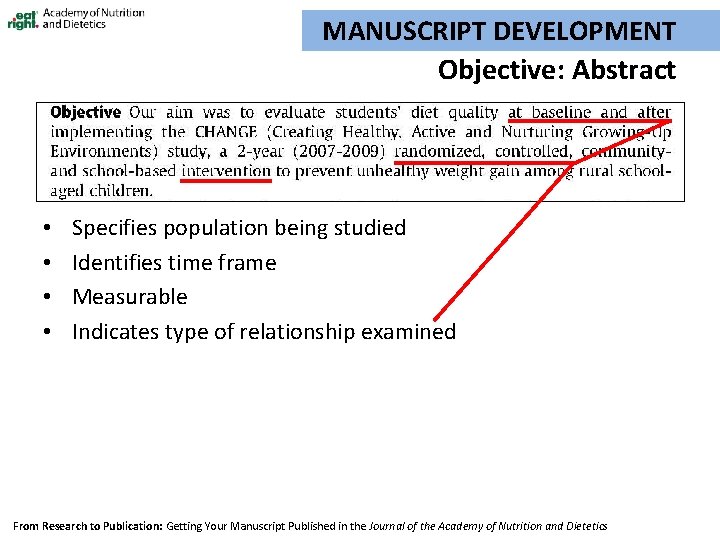 MANUSCRIPT DEVELOPMENT Objective: Abstract • • Specifies population being studied Identifies time frame Measurable