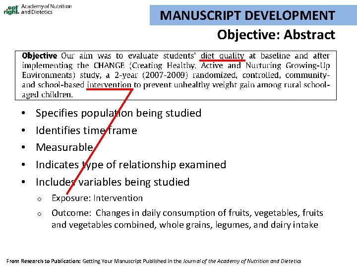 MANUSCRIPT DEVELOPMENT Objective: Abstract • • • Specifies population being studied Identifies time frame