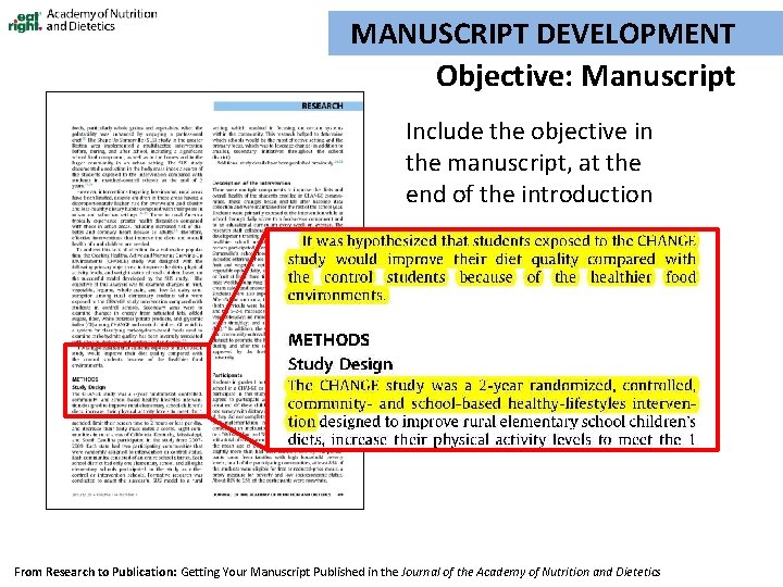 MANUSCRIPT DEVELOPMENT Objective: Manuscript Include the objective in the manuscript, at the end of