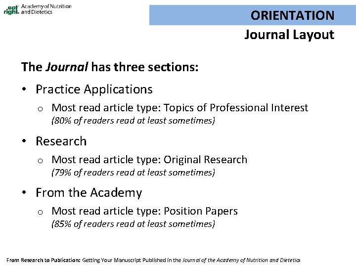 ORIENTATION Journal Layout The Journal has three sections: • Practice Applications o Most read