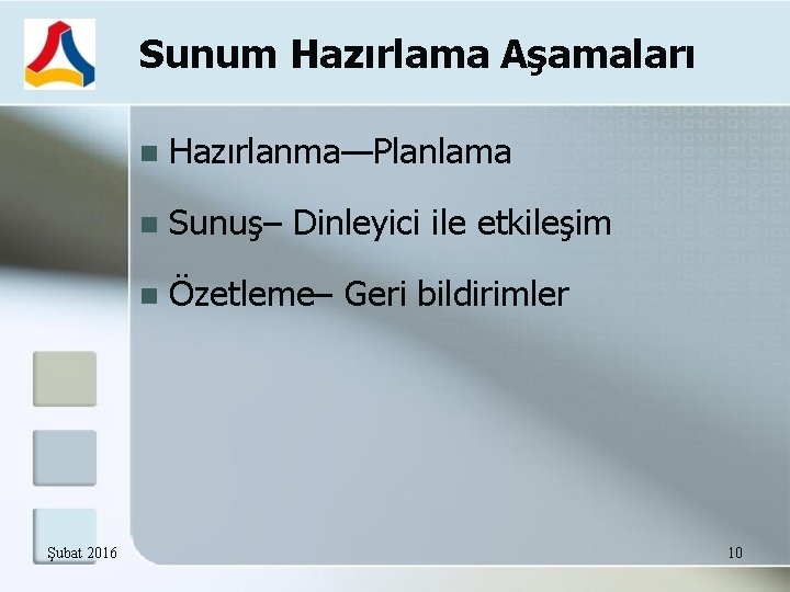 Sunum Hazırlama Aşamaları Şubat 2016 Hazırlanma—Planlama Sunuş– Dinleyici ile etkileşim Özetleme– Geri bildirimler 10