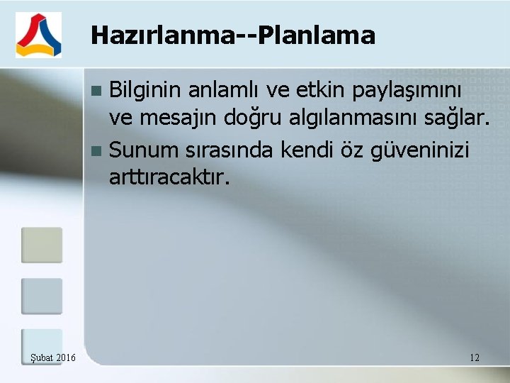 Hazırlanma--Planlama Bilginin anlamlı ve etkin paylaşımını ve mesajın doğru algılanmasını sağlar. Sunum sırasında kendi