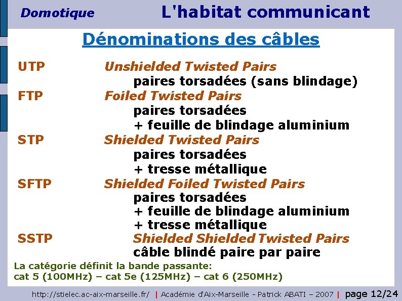 Domotique L'habitat communicant Dénominations des câbles UTP FTP SFTP SSTP Unshielded Twisted Pairs paires