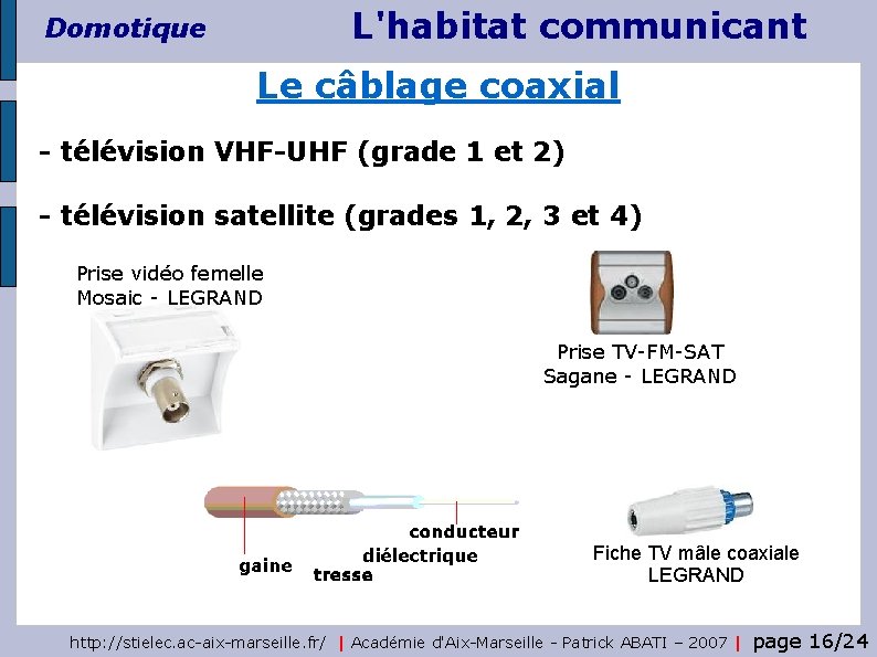 L'habitat communicant Domotique Le câblage coaxial - télévision VHF-UHF (grade 1 et 2) -