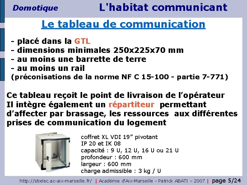 Domotique L'habitat communicant Le tableau de communication - placé dans la GTL dimensions minimales