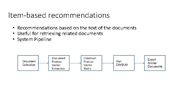 Item-based recommendations • Recommendations based on the text of the documents • Useful for